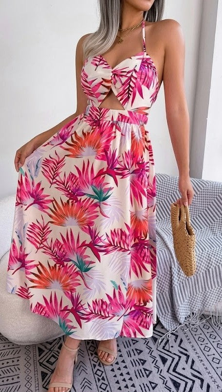 White Tropical Floral Maxi Halter Neck Dress