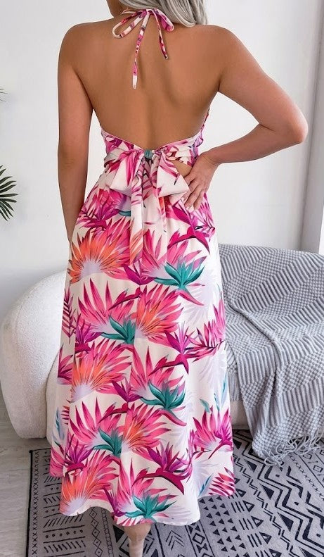 White Tropical Floral Maxi Halter Neck Dress