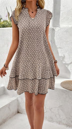 Khaki Abstract Printed Flutter Sleeve A-Line Dress