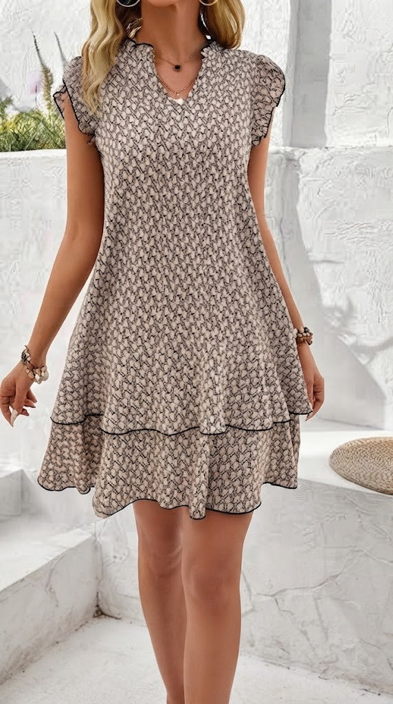 Khaki Abstract Printed Flutter Sleeve A-Line Dress