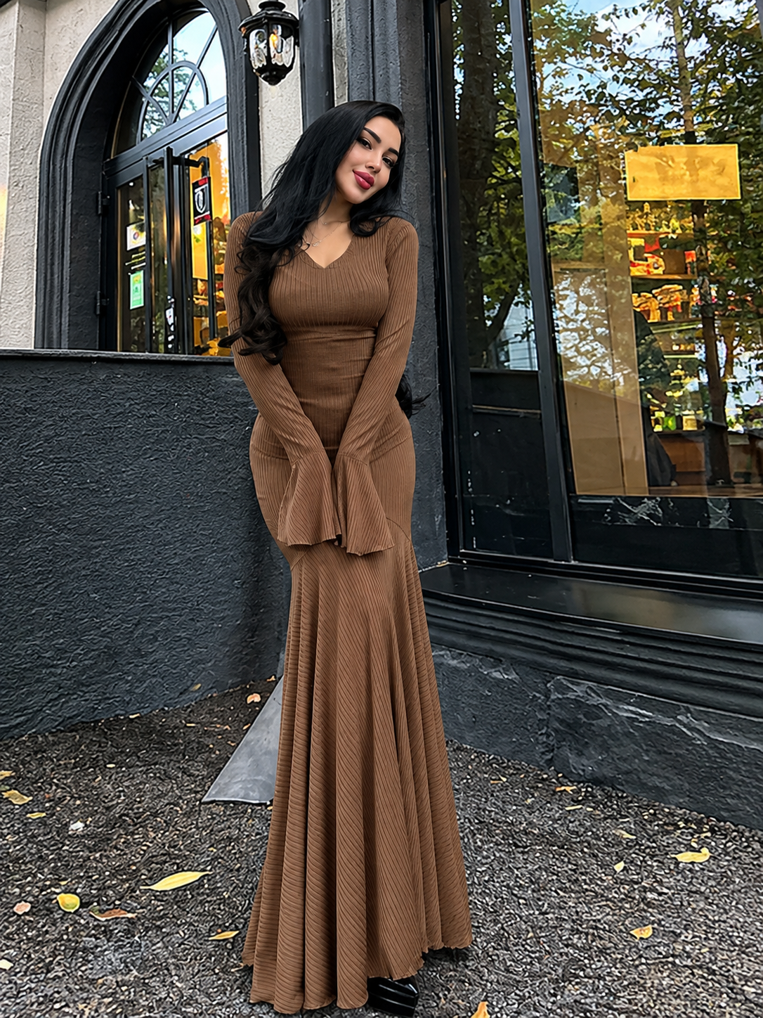 Flared Sleeve Bodycon Maxi Dress