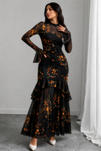 Floral Print Flared Sleeve Ruffled Maxi Dress