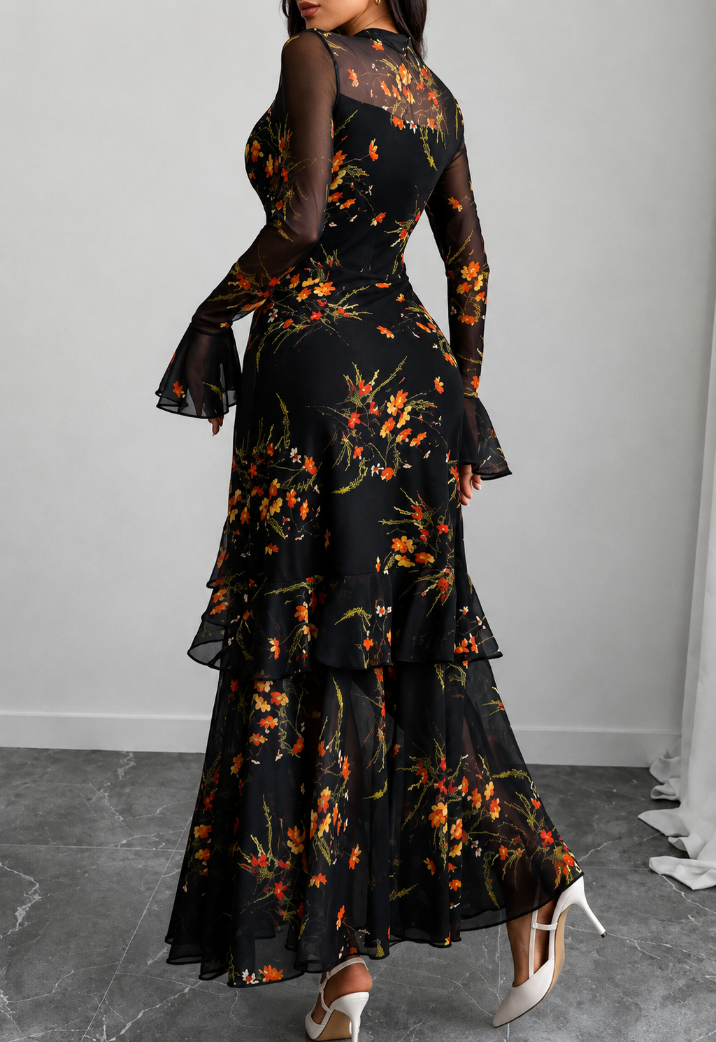 Floral Print Flared Sleeve Ruffled Maxi Dress