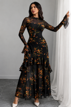 Floral Print Flared Sleeve Ruffled Maxi Dress