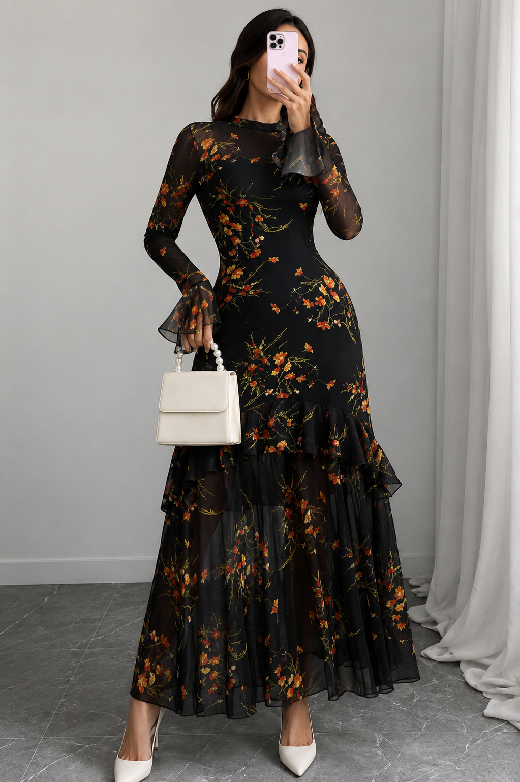 Floral Print Flared Sleeve Ruffled Maxi Dress