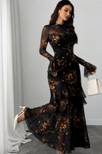 Floral Print Flared Sleeve Ruffled Maxi Dress