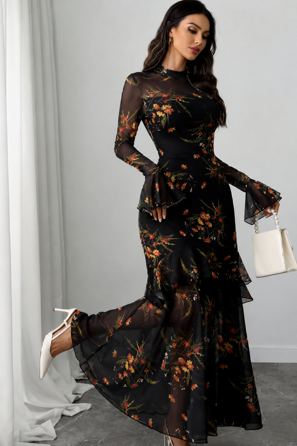 Floral Print Flared Sleeve Ruffled Maxi Dress