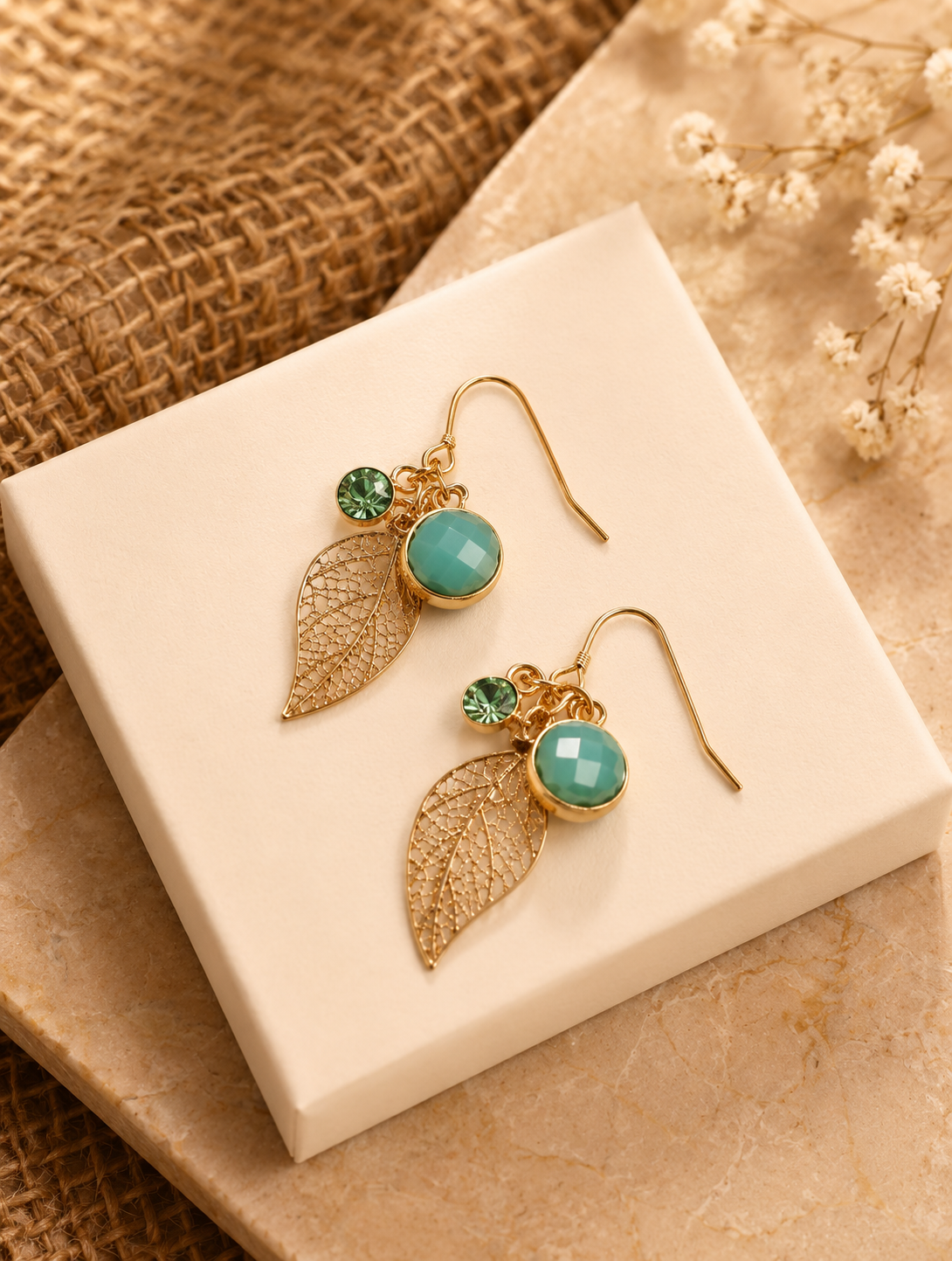 Leaf Shaped Crystals Drop Earrings