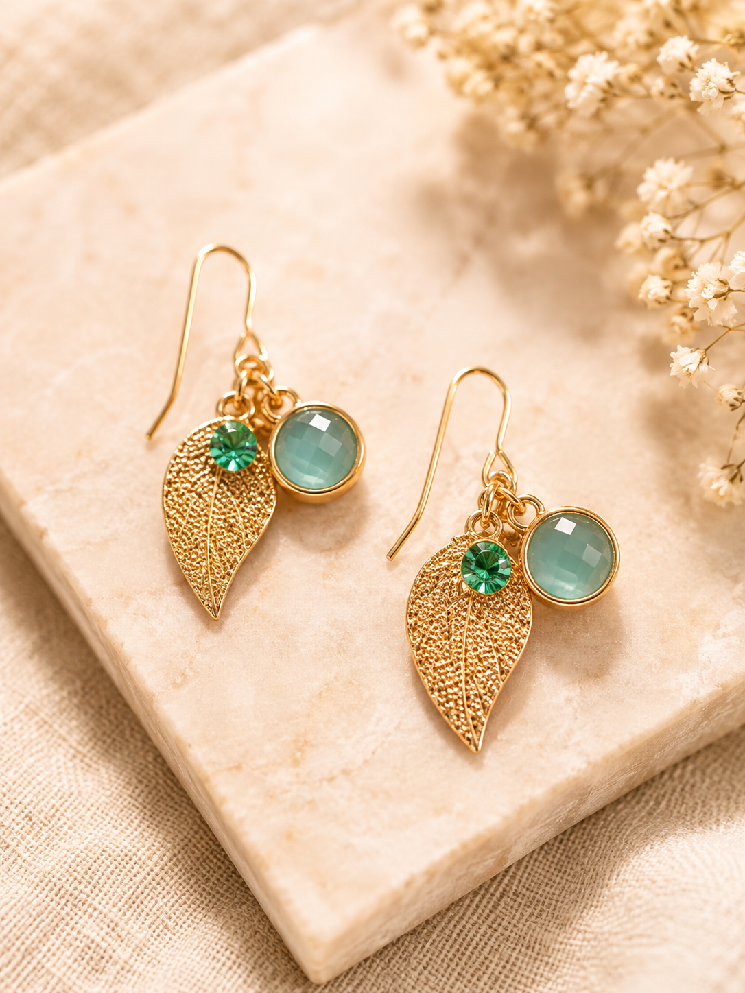Leaf Shaped Crystals Drop Earrings