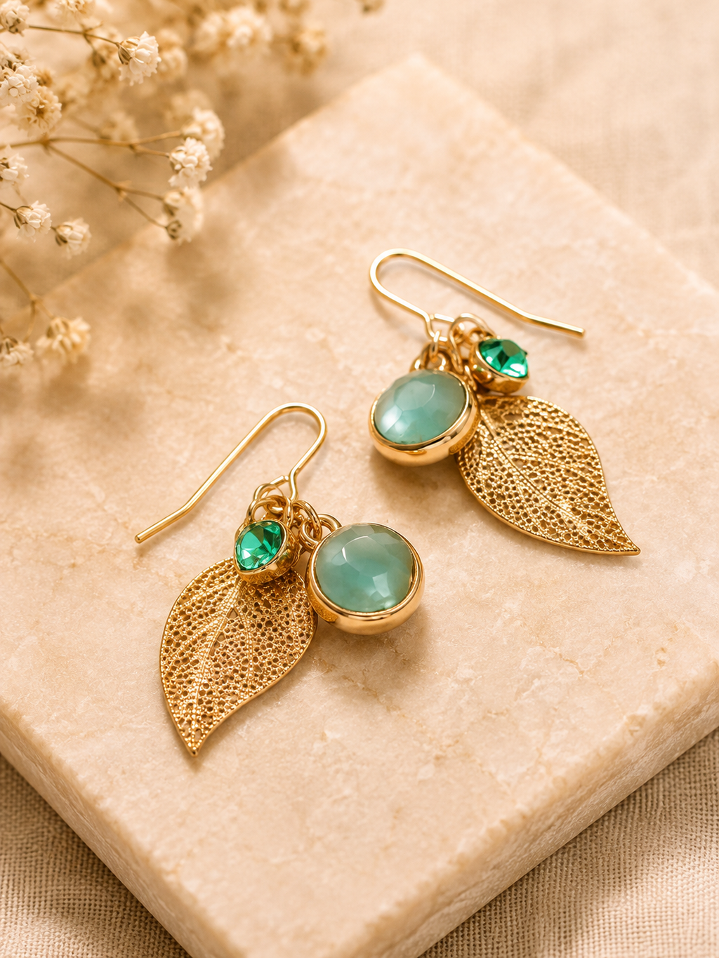 Leaf Shaped Crystals Drop Earrings