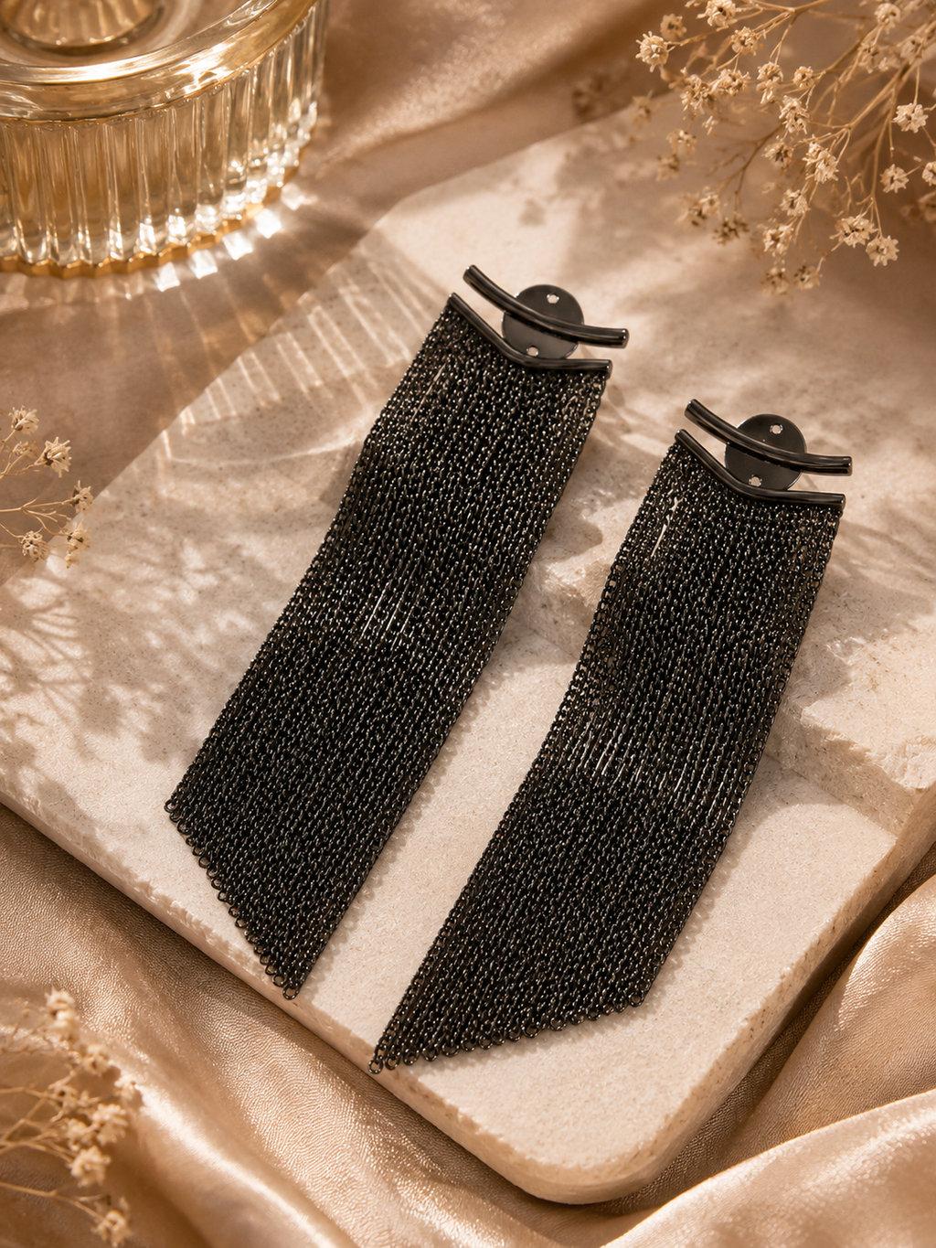 Women Black Long Tassel Dangle Partywear Earrings