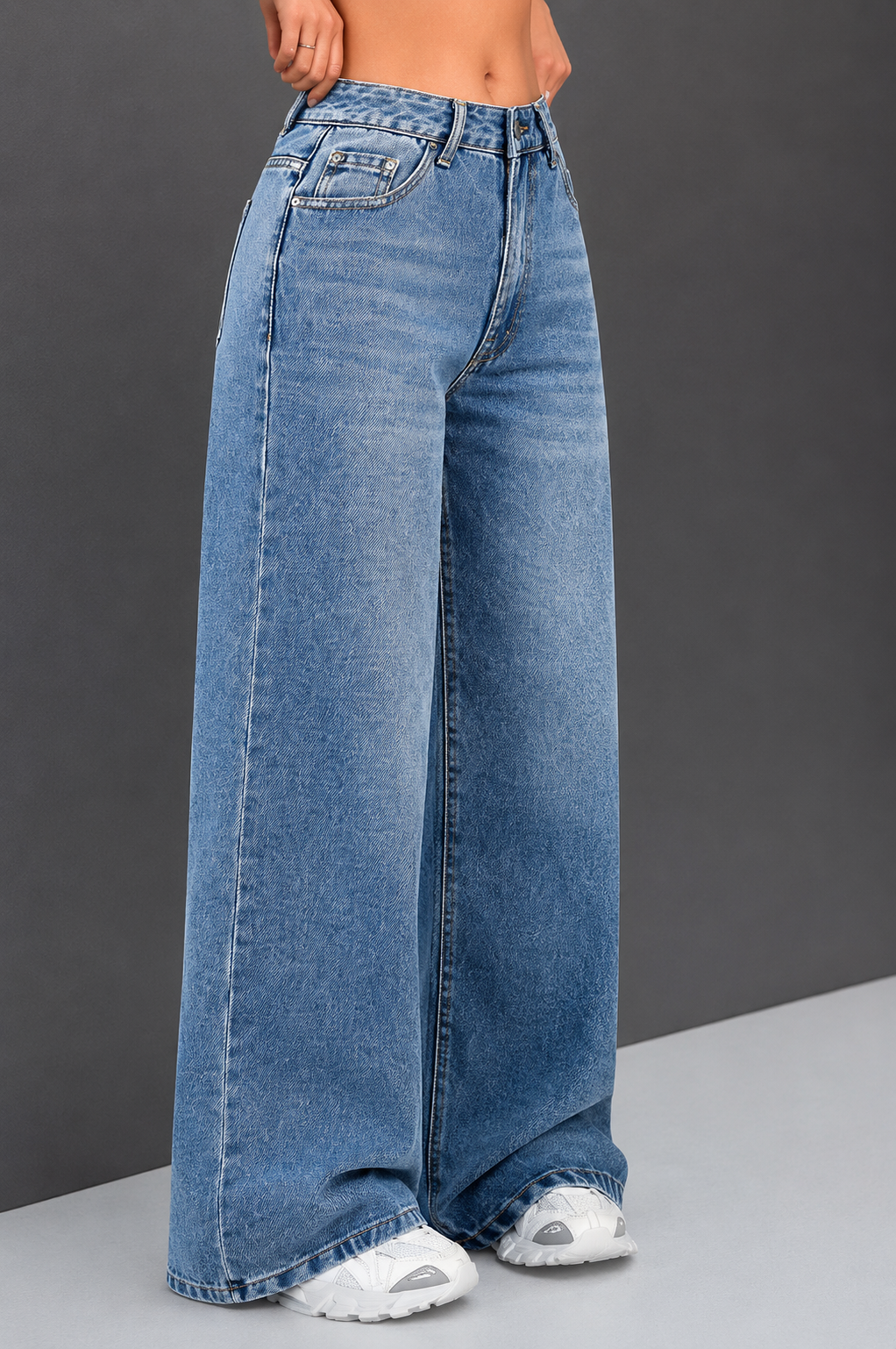 Women Jean Wide Leg High-Rise Highly Distressed Heavy Fade Stretchable Jeans