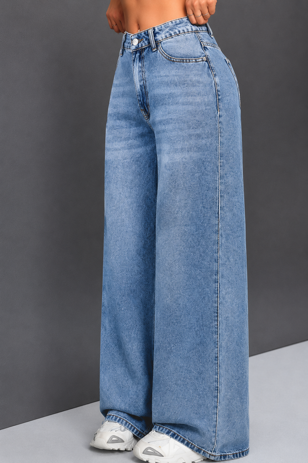 Women Jean Wide Leg High-Rise Highly Distressed Heavy Fade Stretchable Jeans