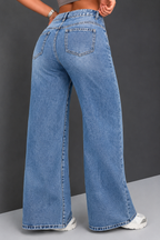 Women Jean Wide Leg High-Rise Highly Distressed Heavy Fade Stretchable Jeans