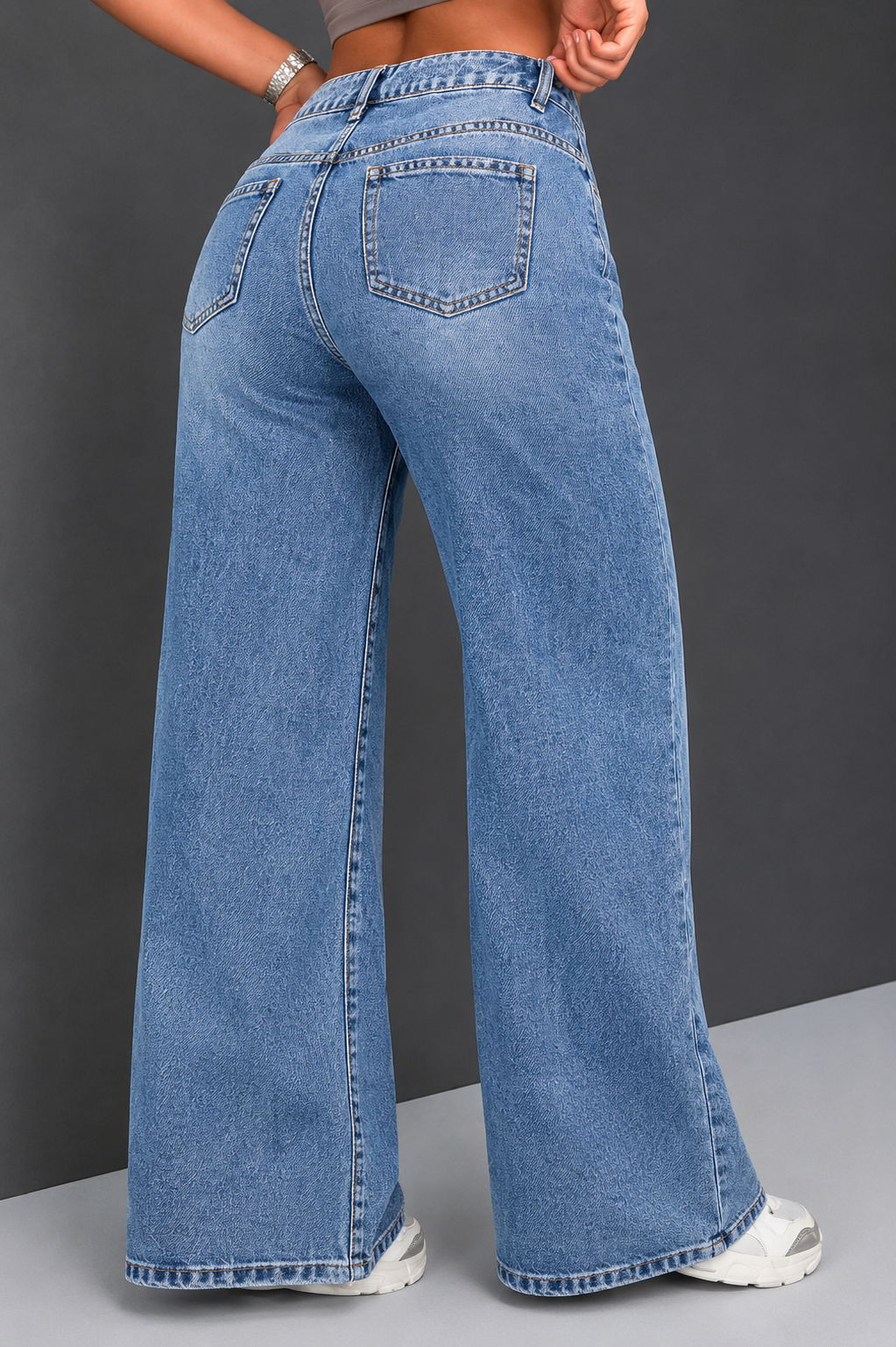 Women Jean Wide Leg High-Rise Highly Distressed Heavy Fade Stretchable Jeans