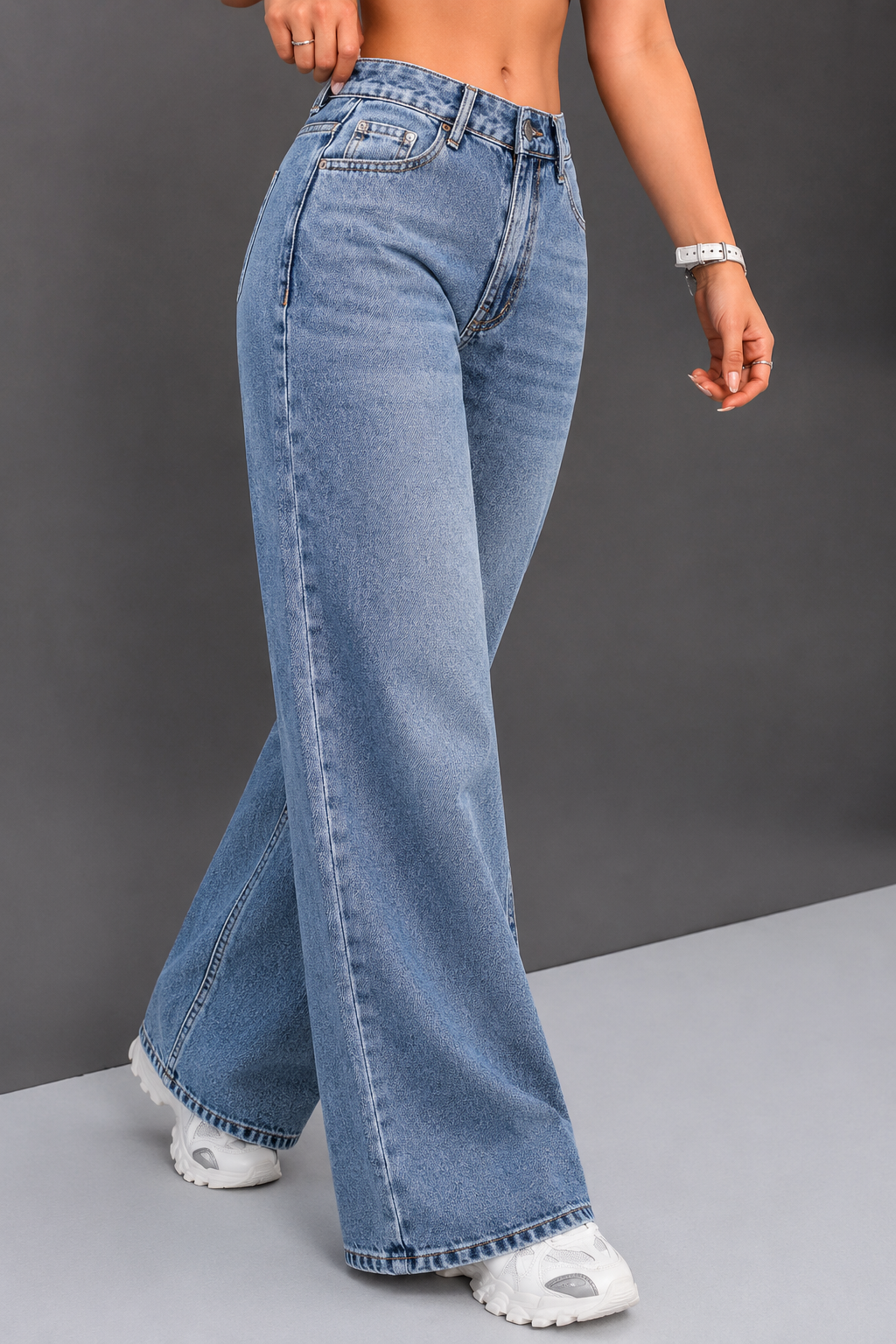 Women Jean Wide Leg High-Rise Highly Distressed Heavy Fade Stretchable Jeans