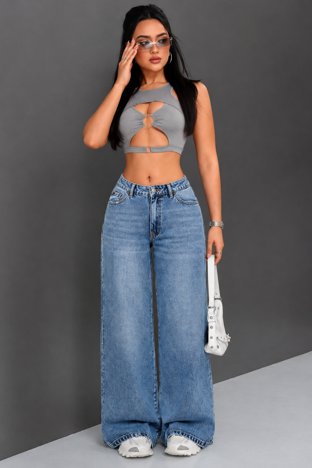 Women Jean Wide Leg High-Rise Highly Distressed Heavy Fade Stretchable Jeans