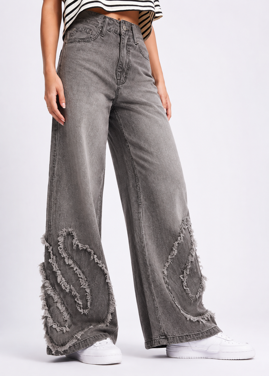 Women Pure Cotton Baggy Wide Leg High-Rise Faded Applique Frayed Jeans