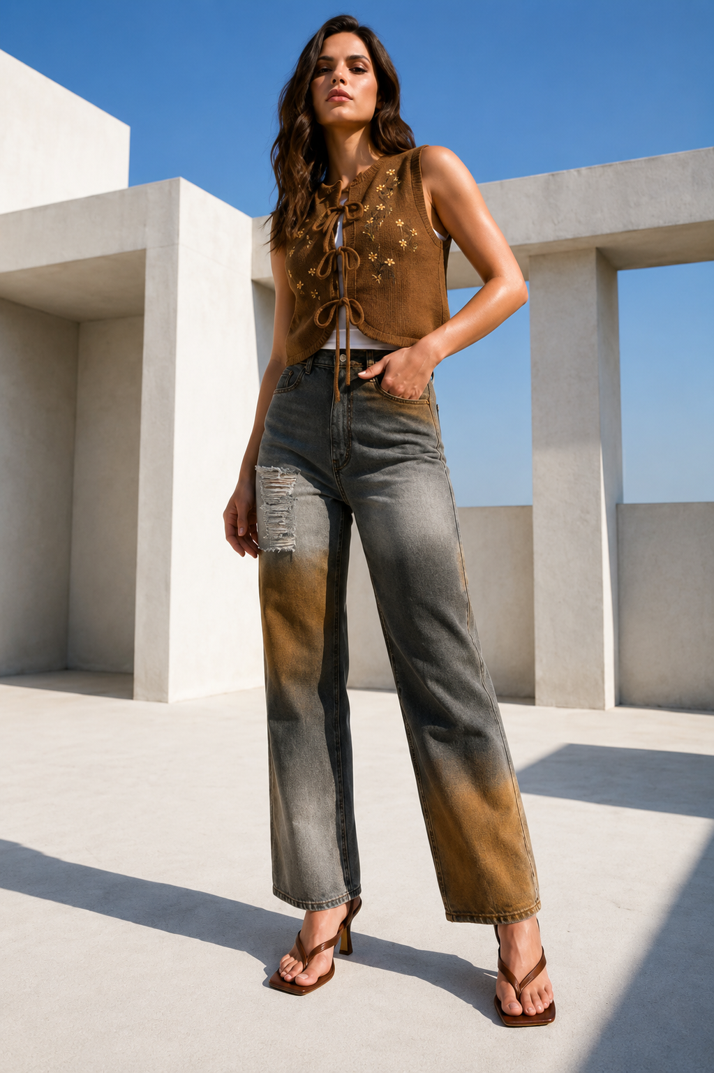 Women Baggy Wide Leg High-Rise Distressed Heavy Fade Jeans