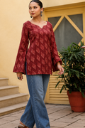 Printed V-Neck Flared Sleeves Pure Cotton Kurti