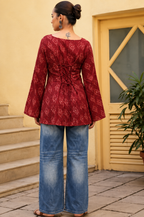 Printed V-Neck Flared Sleeves Pure Cotton Kurti