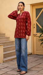 Printed V-Neck Flared Sleeves Pure Cotton Kurti