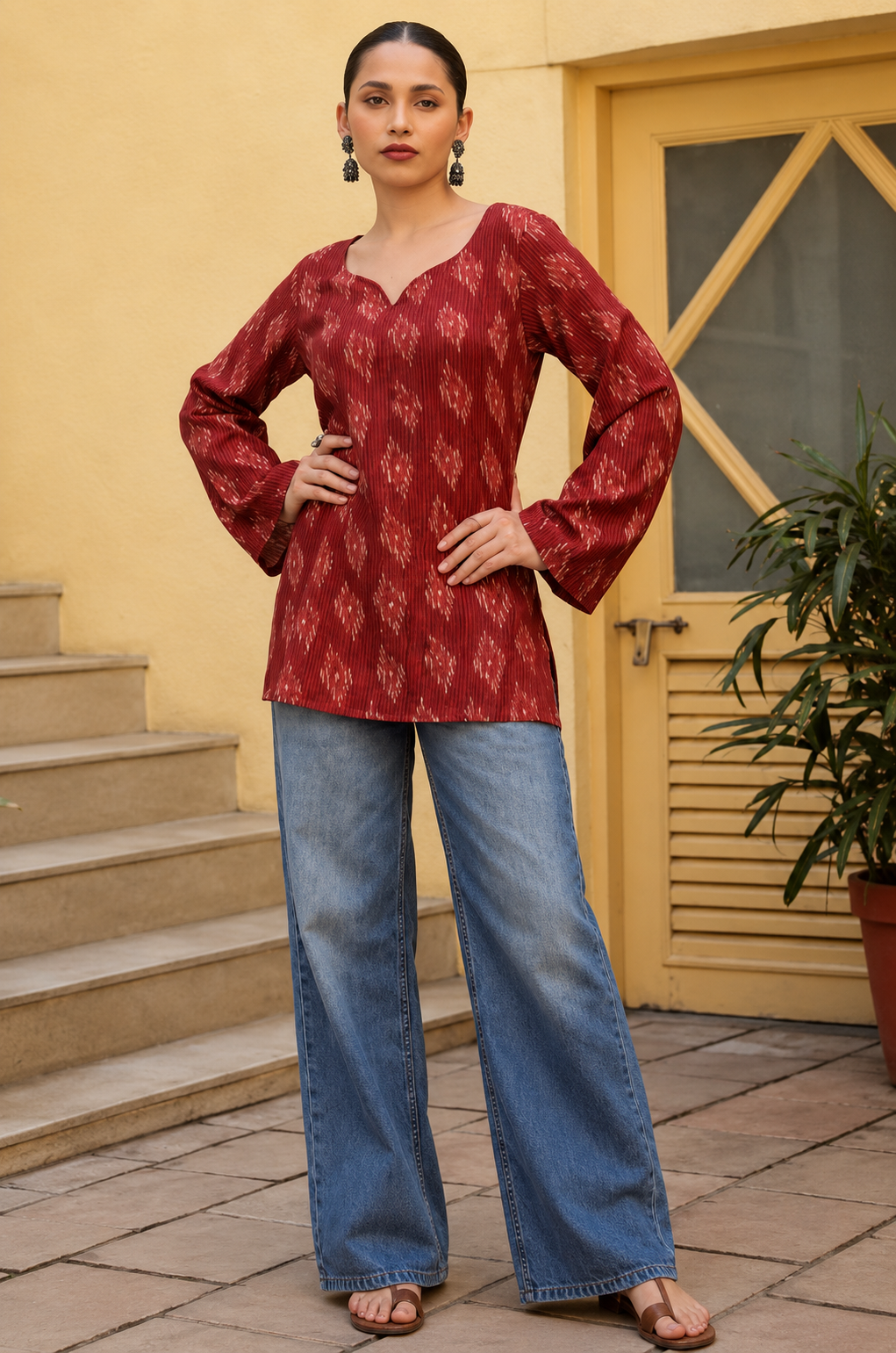 Printed V-Neck Flared Sleeves Pure Cotton Kurti