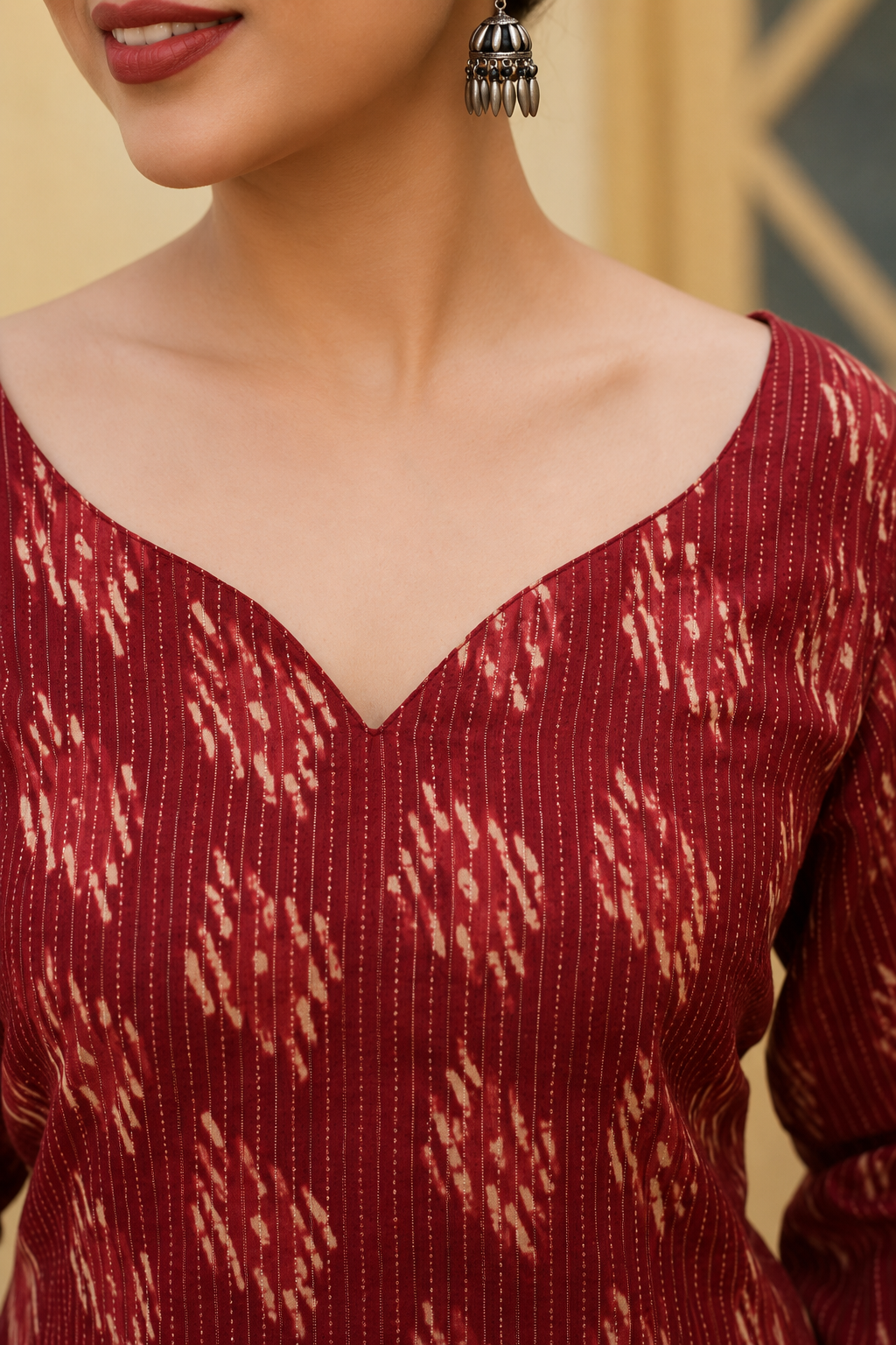 Printed V-Neck Flared Sleeves Pure Cotton Kurti