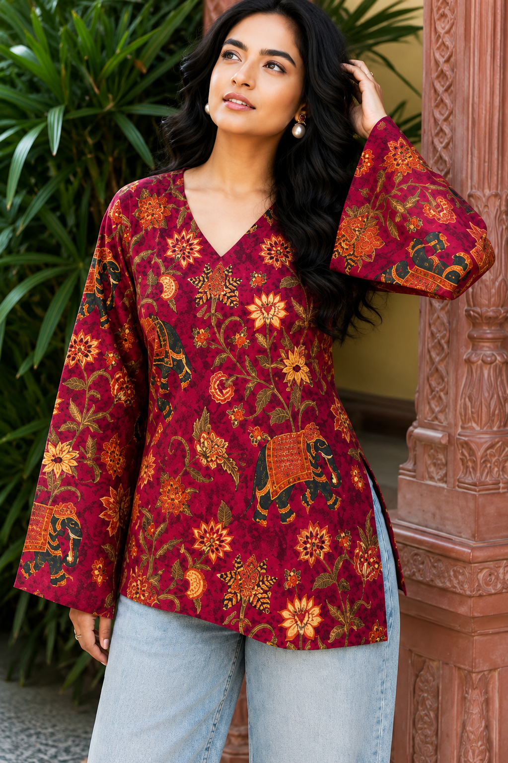 Botanical Printed V-Neck Flared Sleeves Kurti