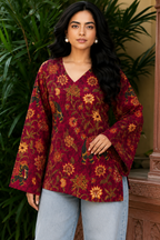 Botanical Printed V-Neck Flared Sleeves Kurti