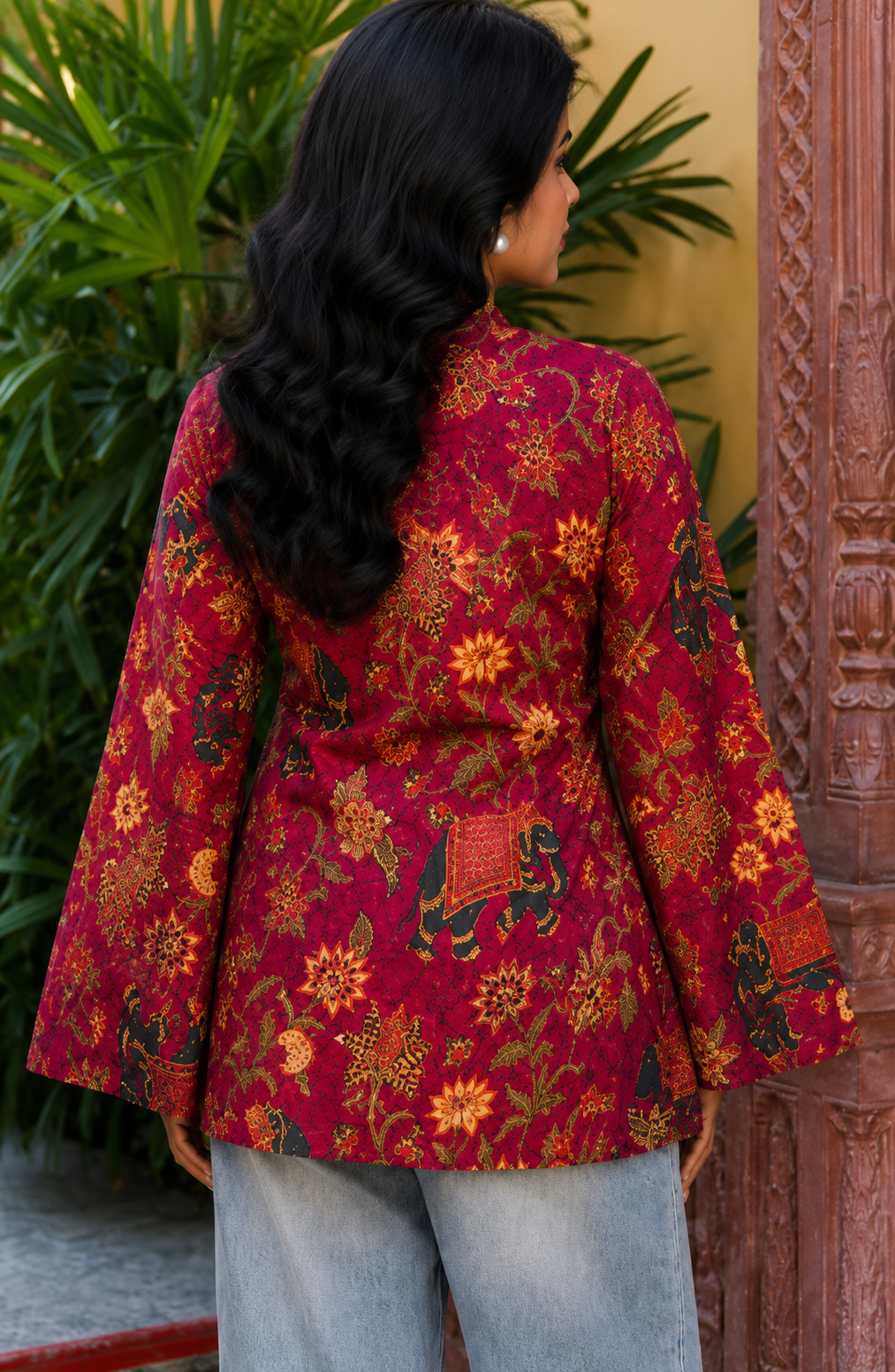 Botanical Printed V-Neck Flared Sleeves Kurti