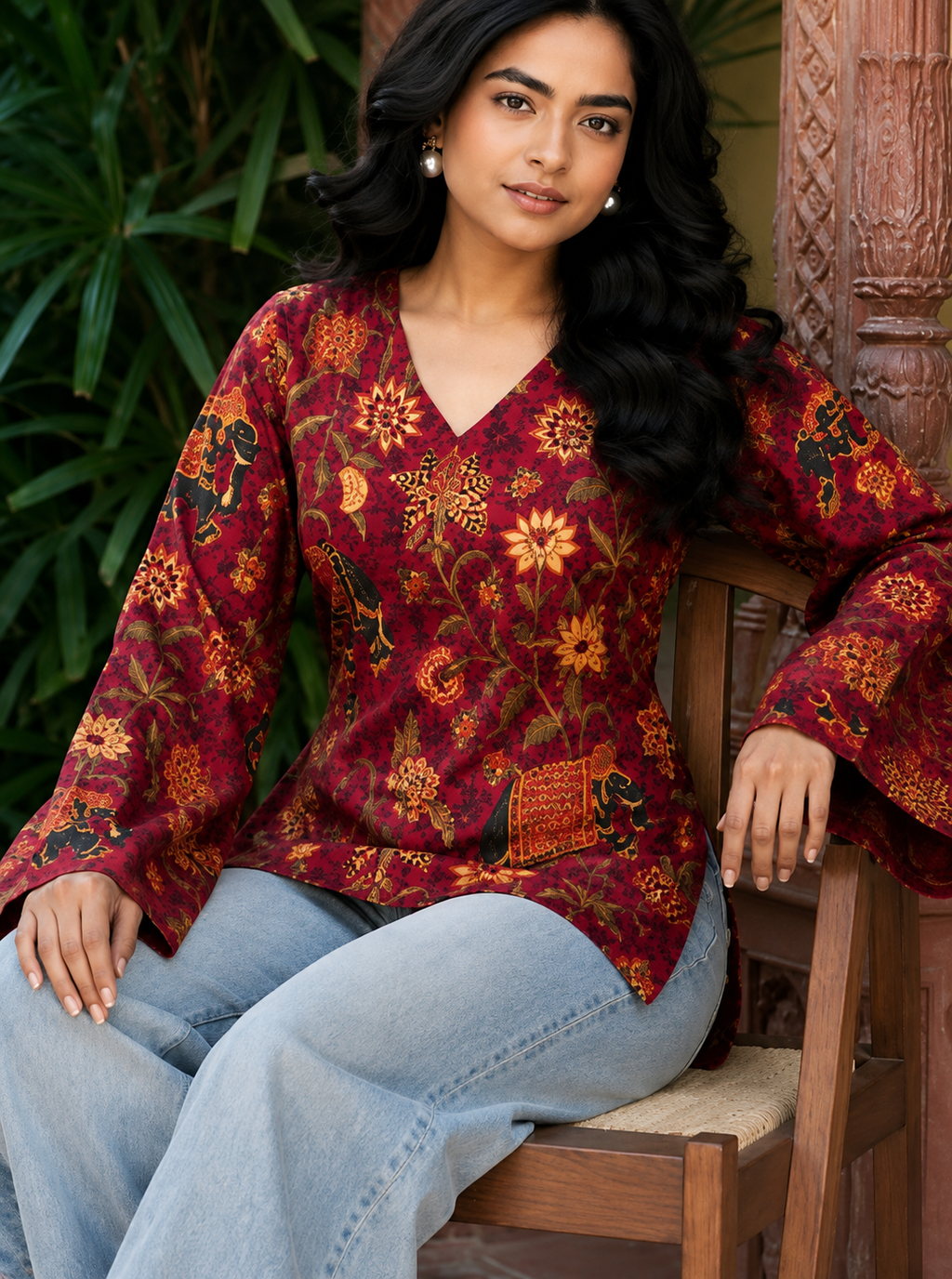 Botanical Printed V-Neck Flared Sleeves Kurti