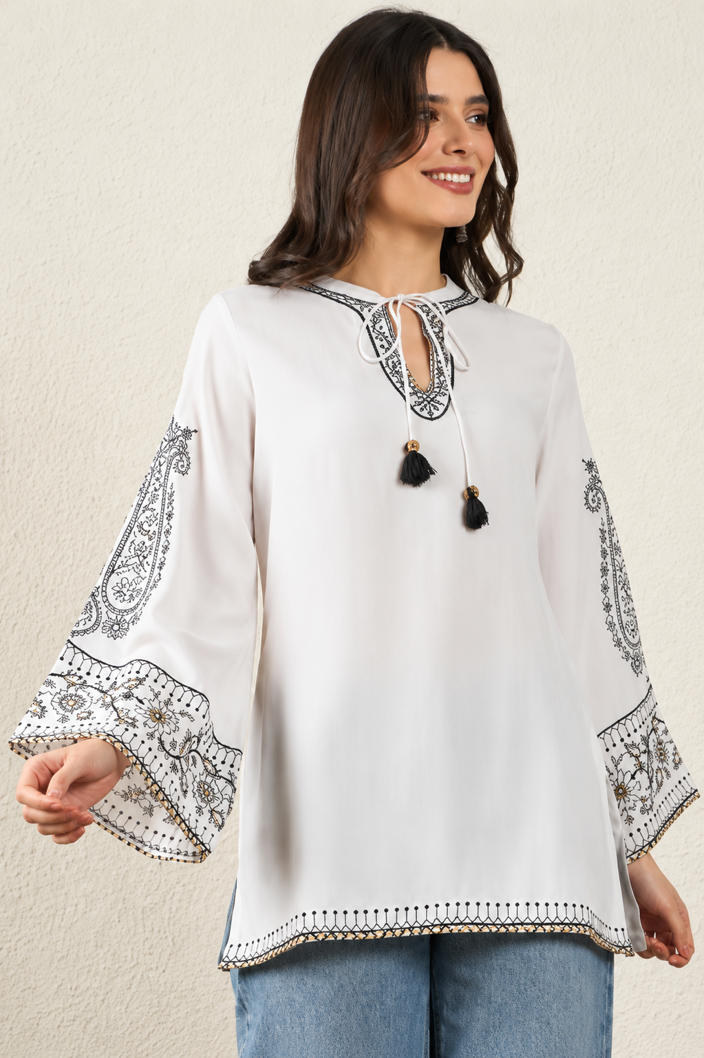 Ethnic Motifs Embroidered Thread Work Chanderi Silk Thread Work Kurti