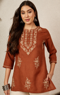 Women's Rust Embroidered Round Neck Fusion Wear Cotton Short Kurti
