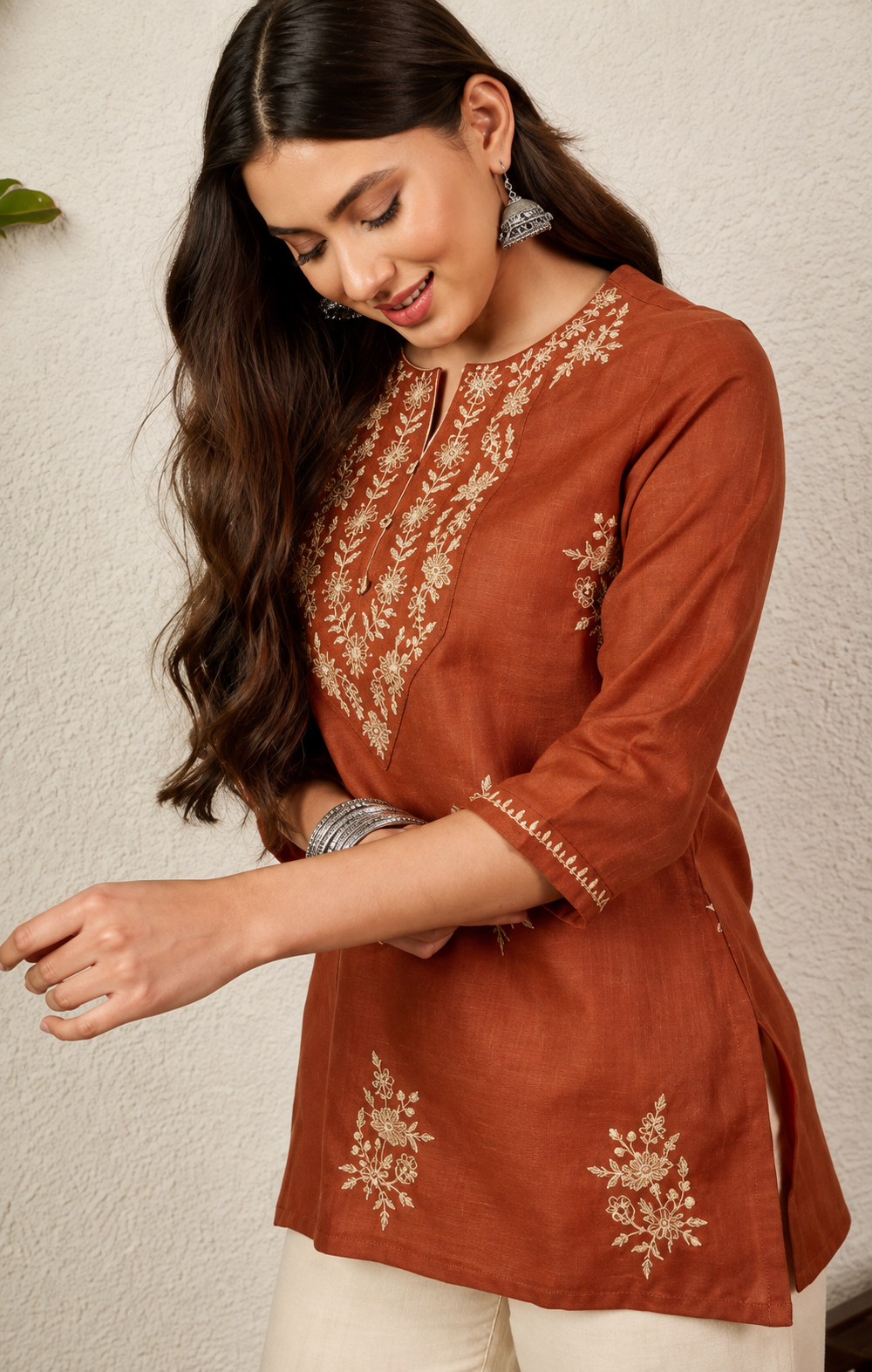 Women's Rust Embroidered Round Neck Fusion Wear Cotton Short Kurti