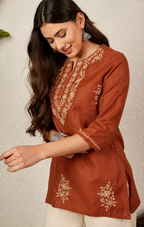 Women's Rust Embroidered Round Neck Fusion Wear Cotton Short Kurti
