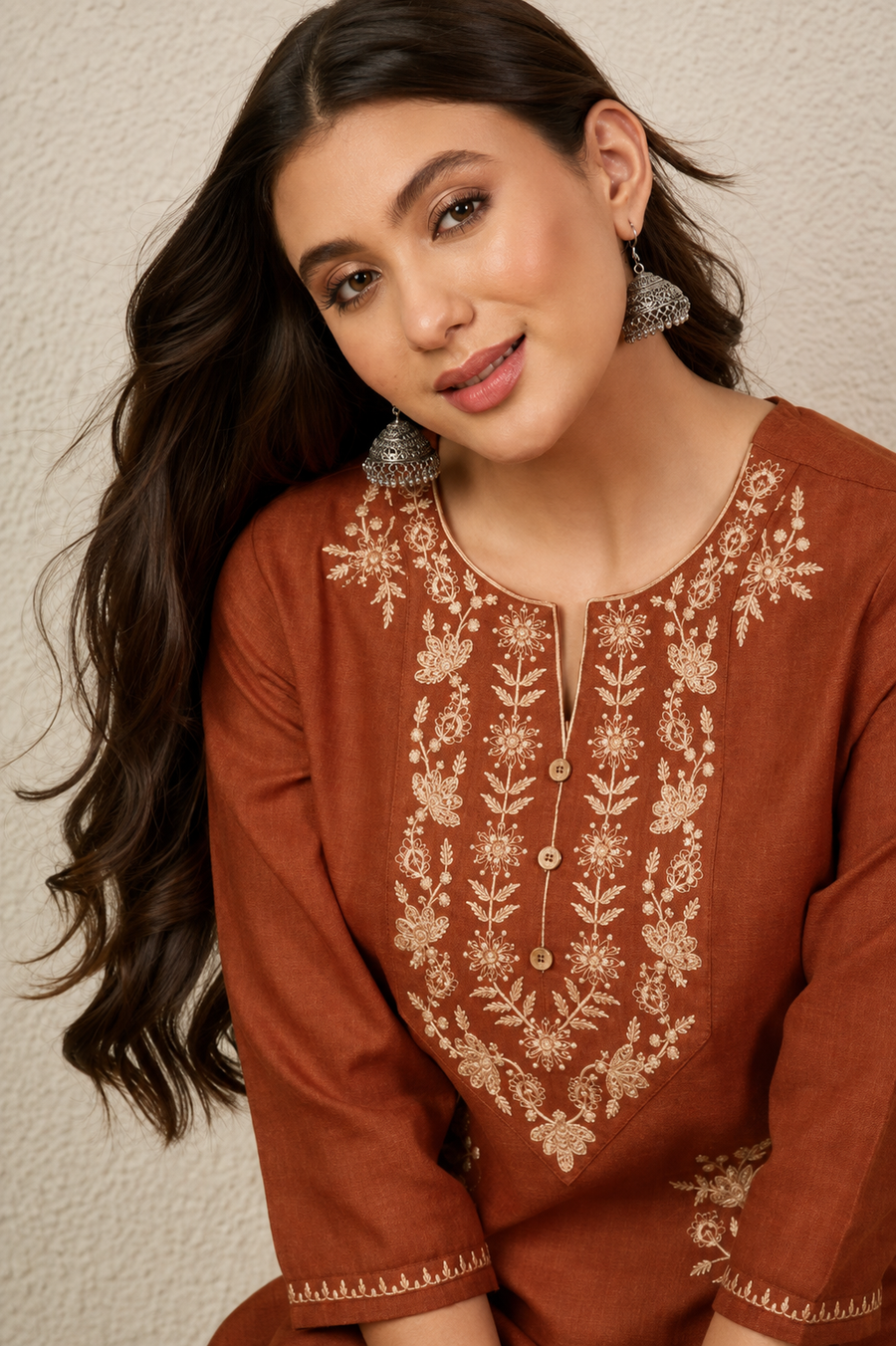 Women's Rust Embroidered Round Neck Fusion Wear Cotton Short Kurti