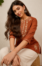 Women's Rust Embroidered Round Neck Fusion Wear Cotton Short Kurti