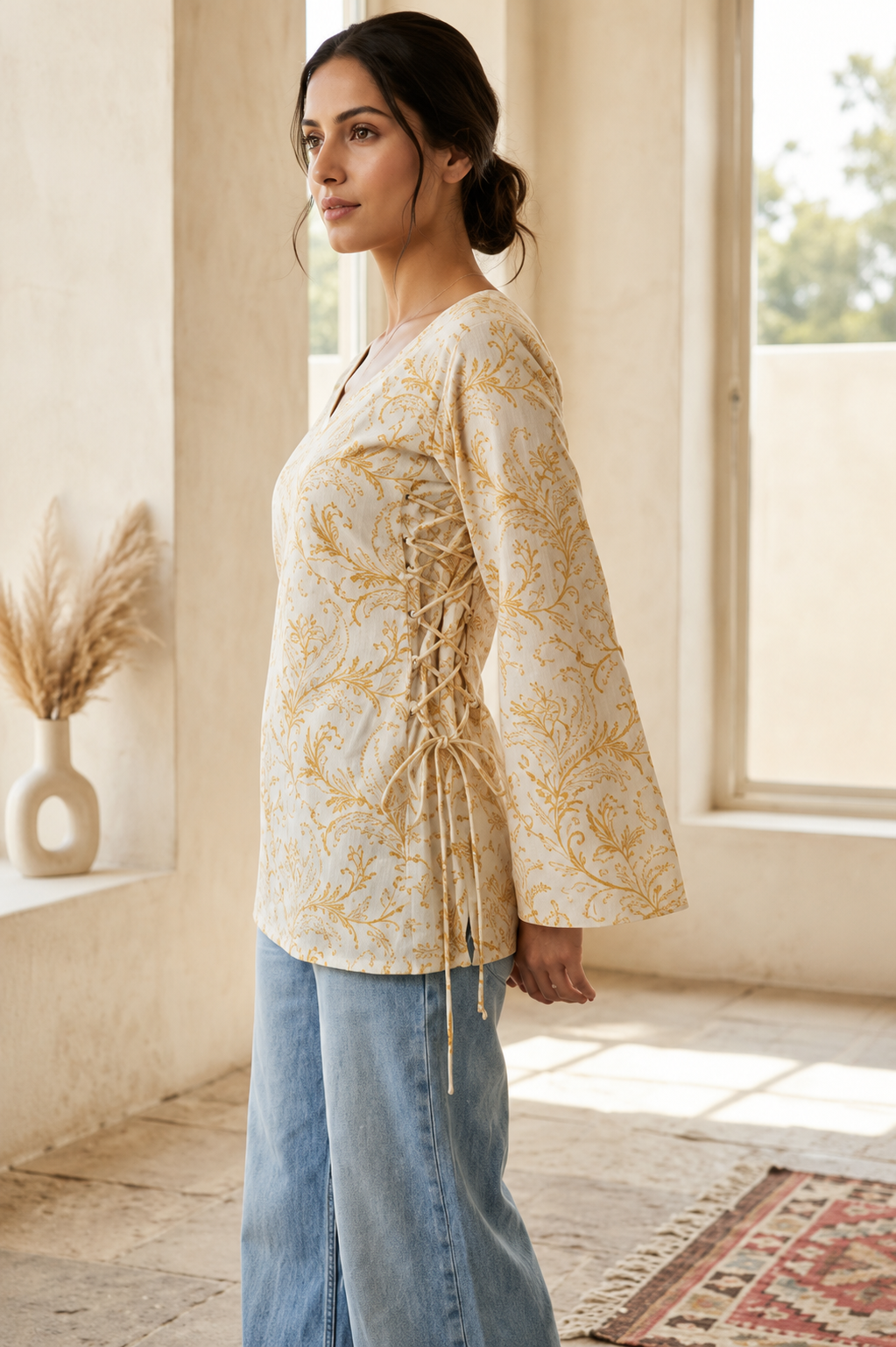 Paisley Printed Square Neck Flared Sleeves Pure Cotton Kurti