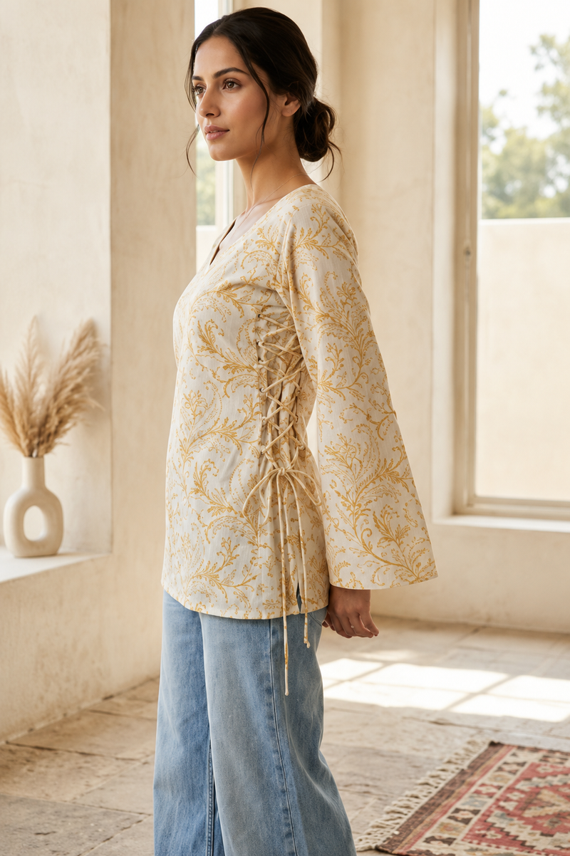 Paisley Printed Square Neck Flared Sleeves Pure Cotton Kurti