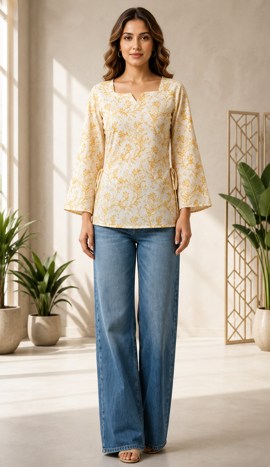 Paisley Printed Square Neck Flared Sleeves Pure Cotton Kurti