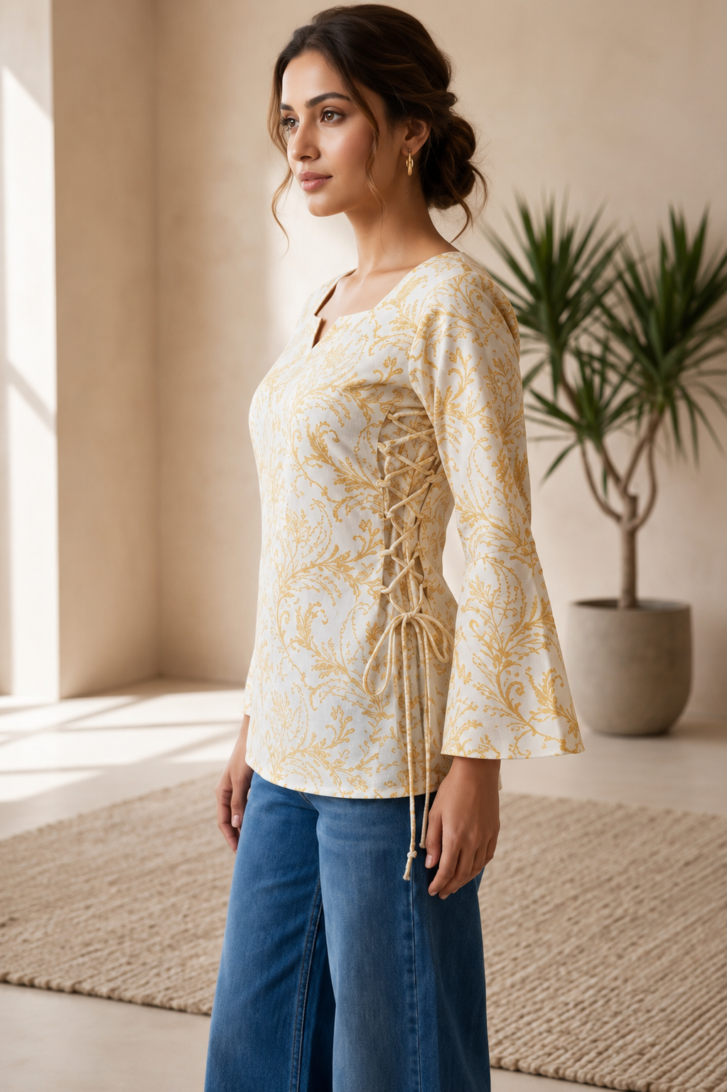Paisley Printed Square Neck Flared Sleeves Pure Cotton Kurti