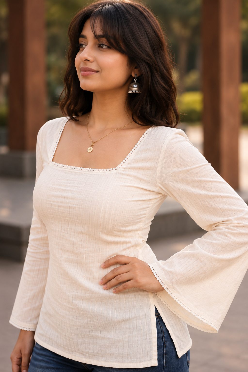 Square Neck Flared Sleeves Pure Cotton Kurti