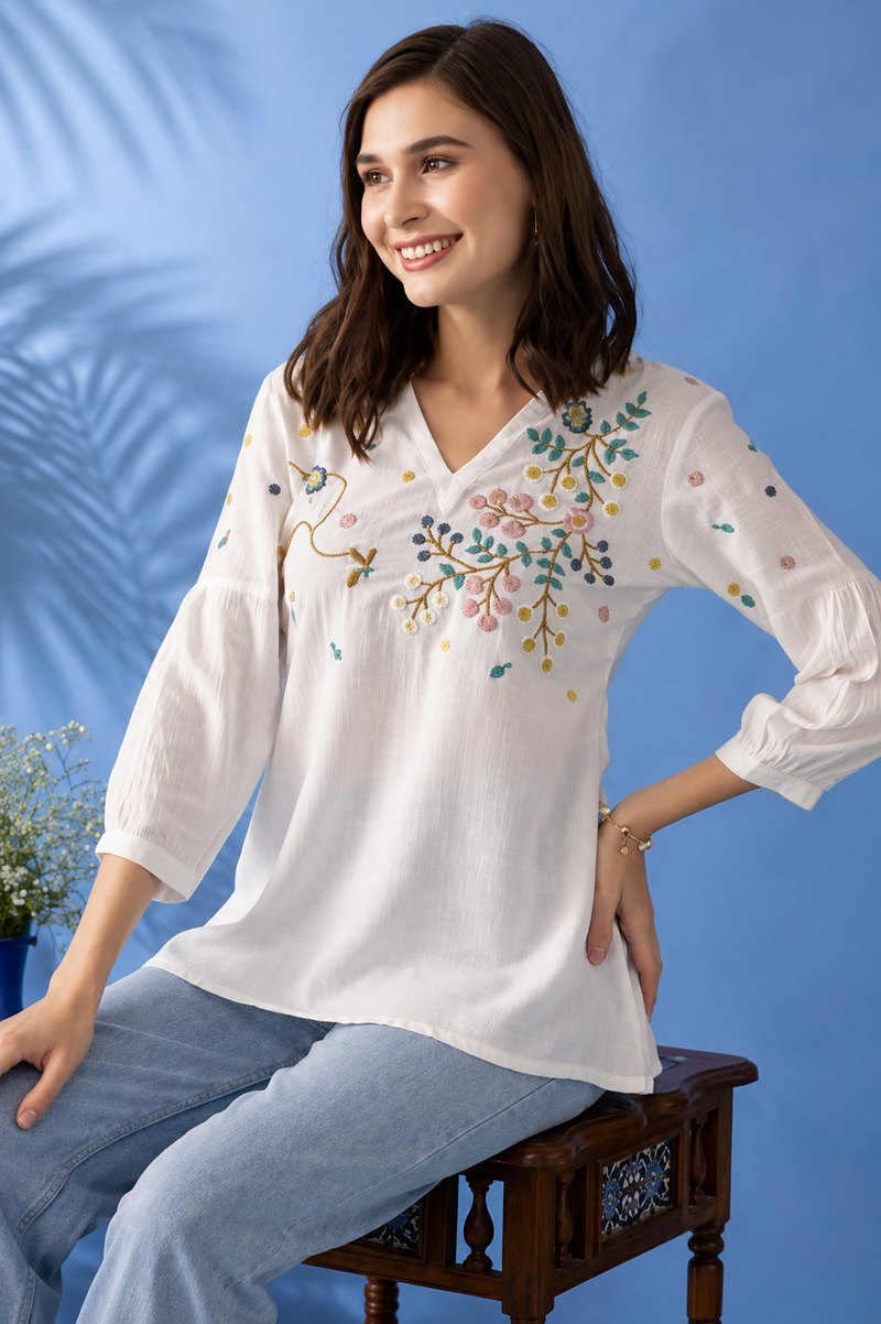 Floral Embroidered Mandarin Collar A-Line Kurti