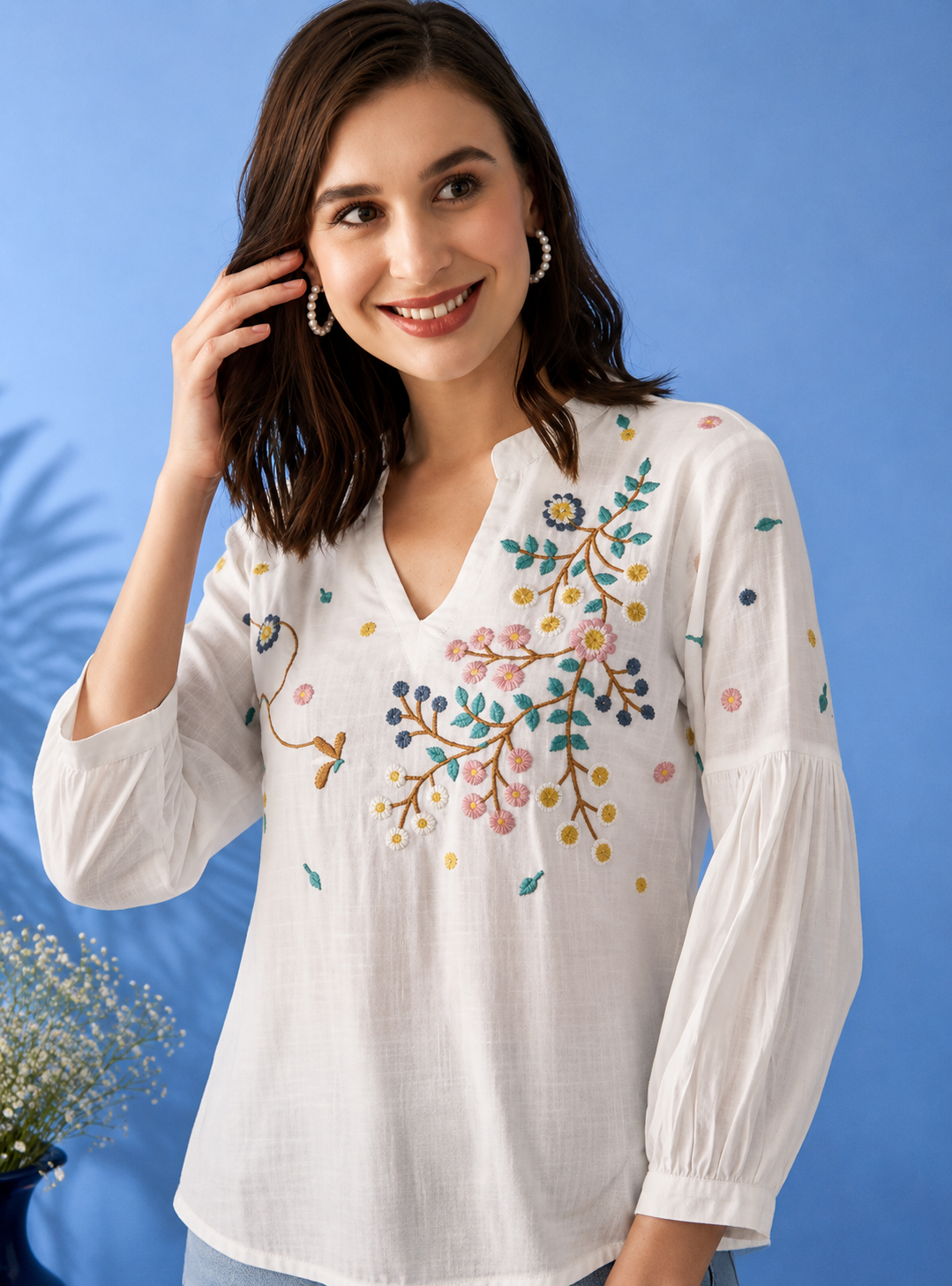 Floral Embroidered Mandarin Collar A-Line Kurti