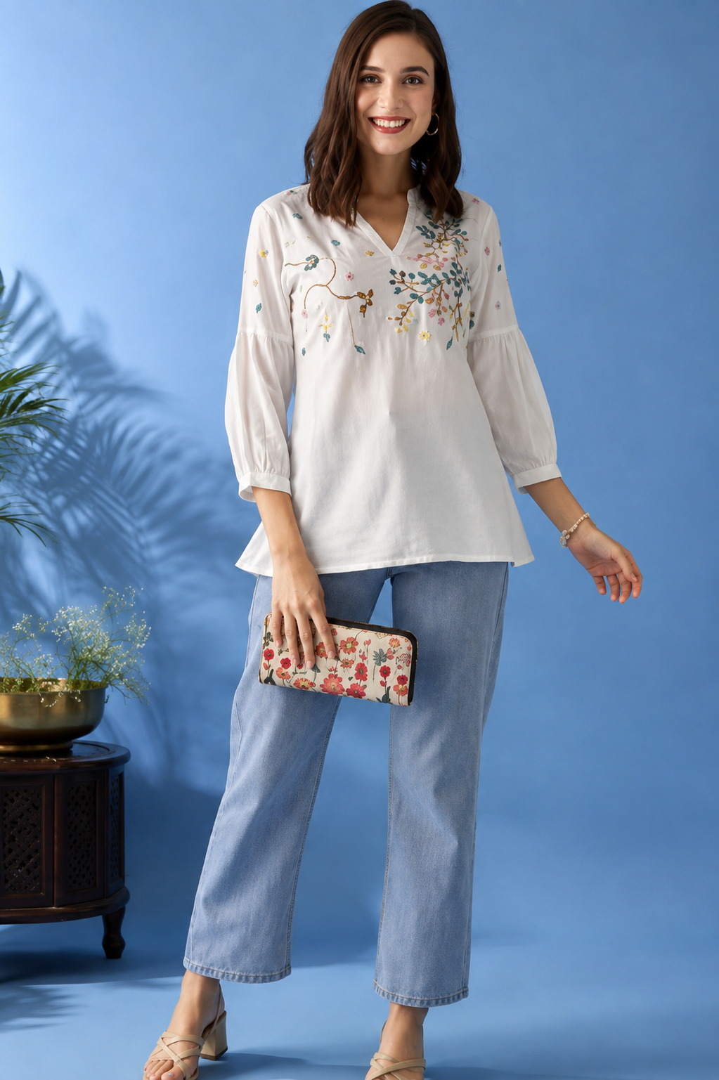 Floral Embroidered Mandarin Collar A-Line Kurti