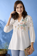 Floral Embroidered Mandarin Collar A-Line Kurti