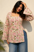 Floral Printed Square Neck Pure Cotton Kurti