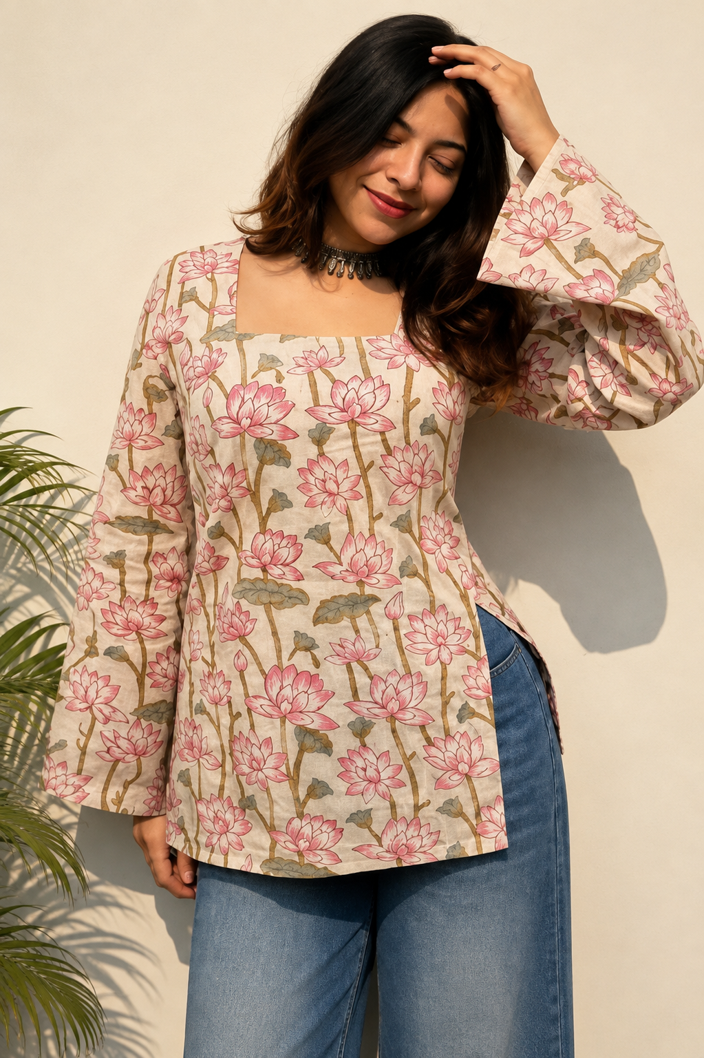 Floral Printed Square Neck Pure Cotton Kurti