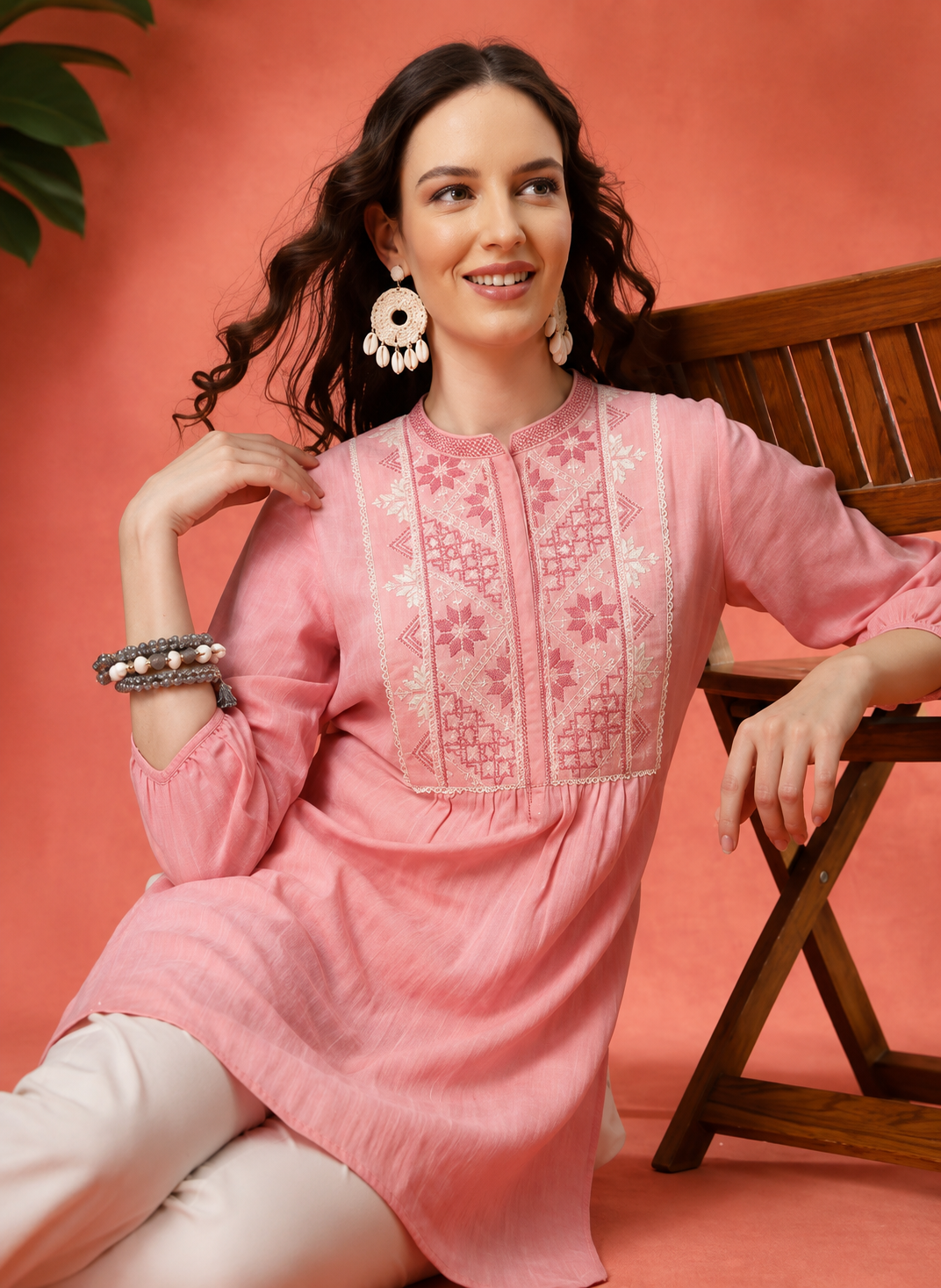 Solid Embroidered A-line Cotton Tunic for Women Kurti
